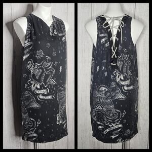 Diesel D-May Mini Dress/Tunic - B&W Tattoo Flash Print w Lace Up Corset, sz S